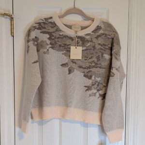 Cupio NWT Cozy Knit Sweater Neutral Floral Pattern Soft Pullover Size PL